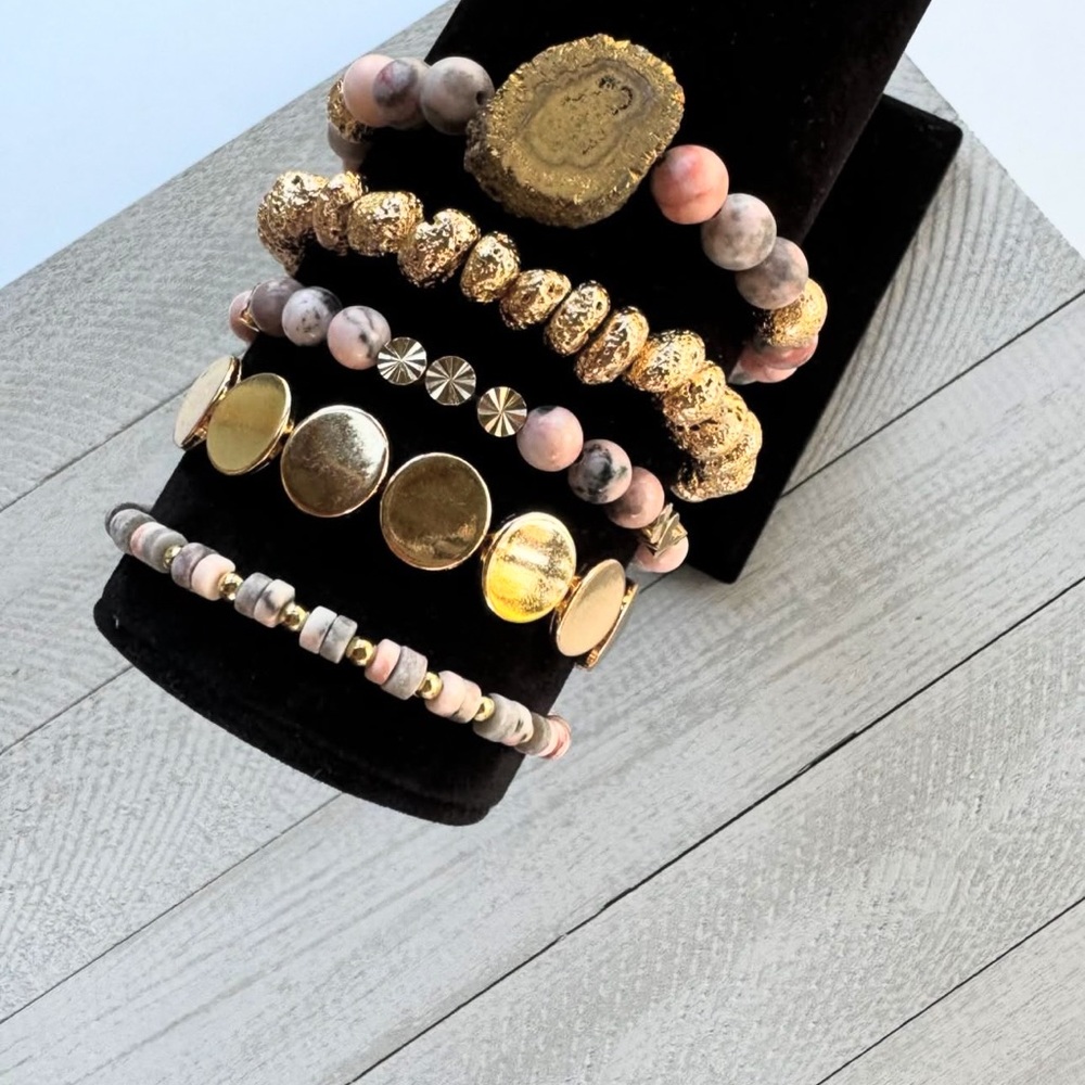 Chic Gold and Pink Beaded Bracelet Set